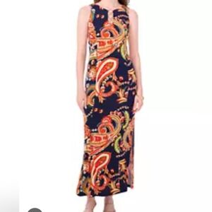 Women's Sleeveless Crew Neck 3 Ring Detail Paisley Print Maxi Dress Size M
